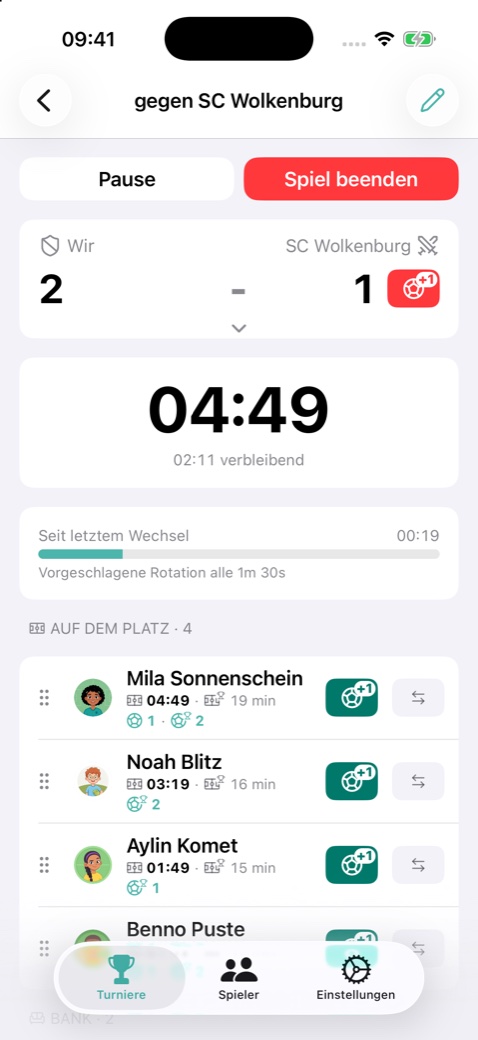 Coach Buddy im laufenden Spiel mit Spieluhr, Spielstand und individuellen Einsatzzeiten. Beispiel mit fiktiven Spielern.